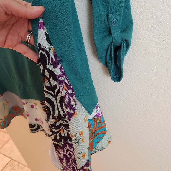 Little Yellow Button Green Patchwork Mix Media Boho Long Sleeve Top Tunic XS - Picture 9 of 9